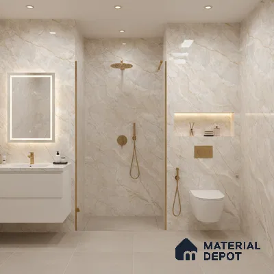Modern bathroom with beige marble-look wall tiles and matte beige floor tiles | Material Depot