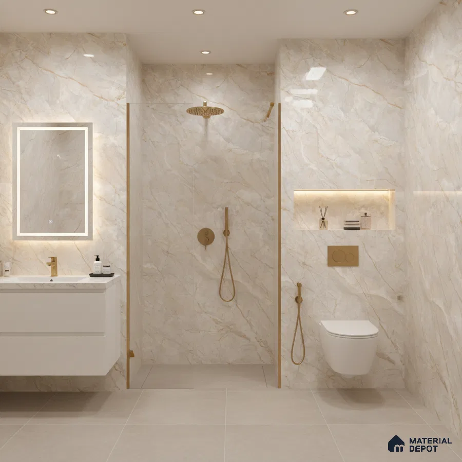 Modern bathroom with beige marble-look wall tiles and matte beige floor tiles | Material Depot