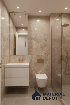 Modern bathroom with beige marble-look wall tiles and matte grey floor tiles | Material Depot