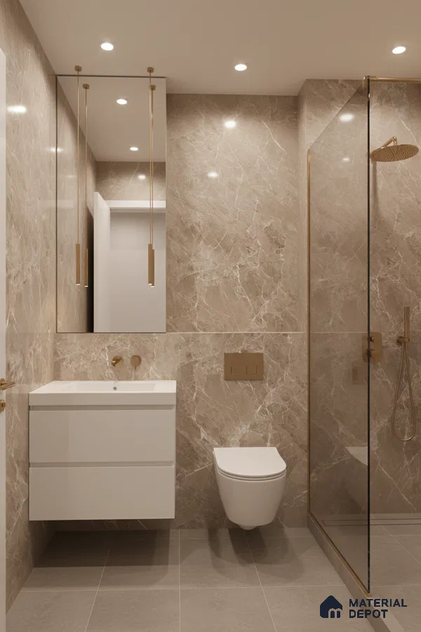 Modern bathroom with beige marble-look wall tiles and matte grey floor tiles | Material Depot