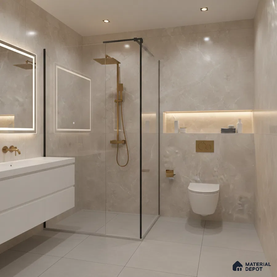 Modern bathroom with beige marble-look wall tiles and matte grey floor tiles | Material Depot
