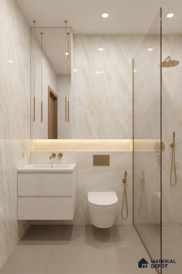 Modern bathroom with beige marble-look wall tiles and matte taupe floor tiles | Material Depot