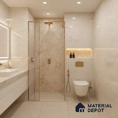 Modern bathroom with beige marble-look wall tiles and white floating vanity | Material Depot