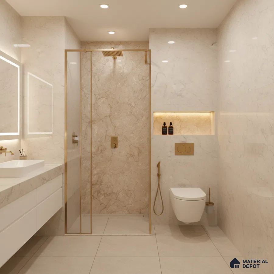 Modern bathroom with beige marble-look wall tiles and white floating vanity | Material Depot