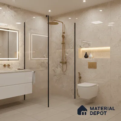 Modern bathroom with beige marble-look wall tiles and white floating vanity | Material Depot