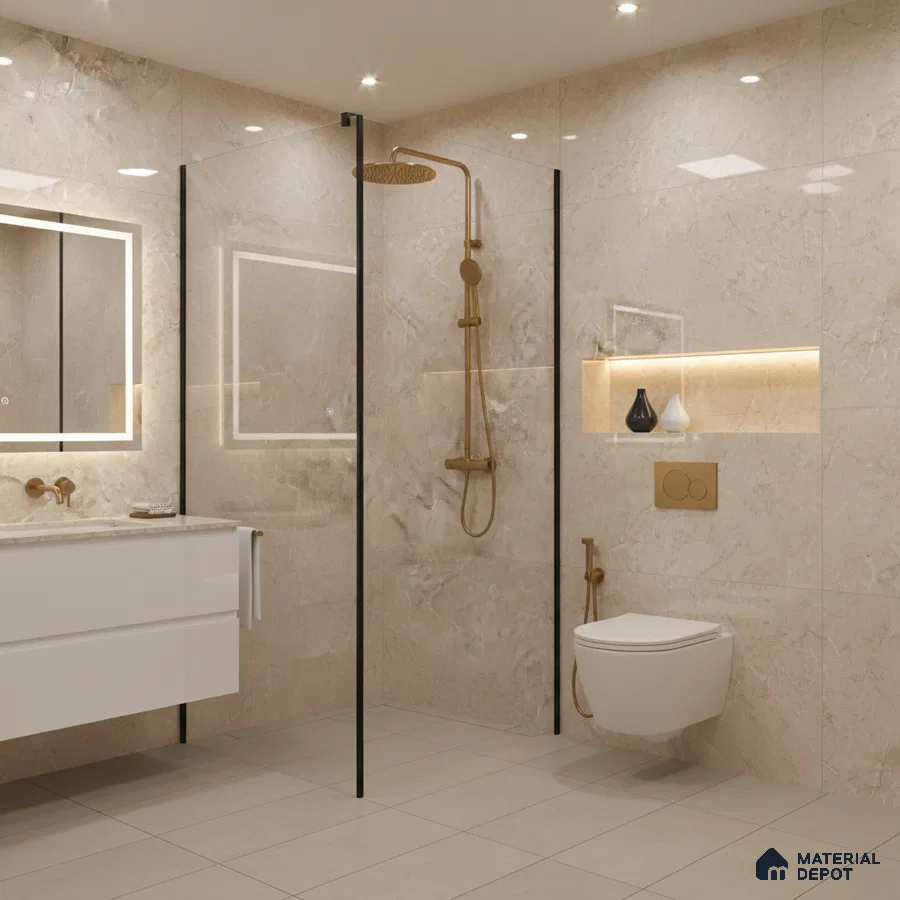 Modern bathroom with beige marble-look wall tiles and white floating vanity | Material Depot