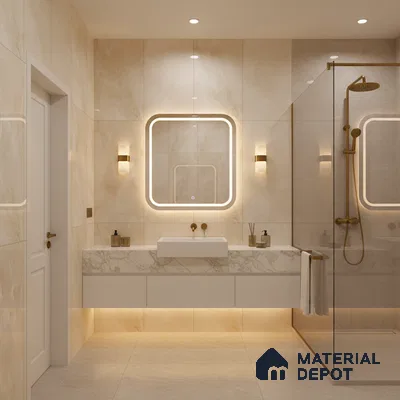 Modern bathroom with beige marble-look wall tiles and white marble vanity | Material Depot