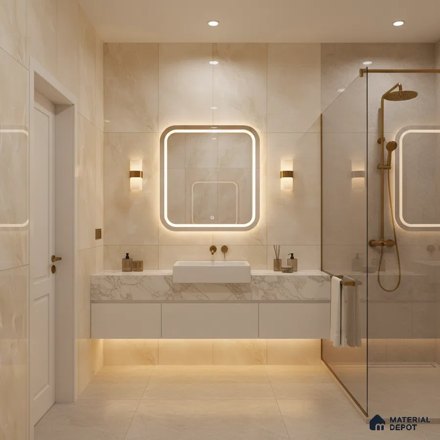 Modern bathroom with beige marble-look wall tiles and white marble vanity | Material Depot