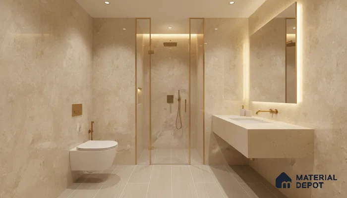 Modern bathroom with beige marble-look wall tiles, beige marble countertop, and light grey floor tiles | Material Depot