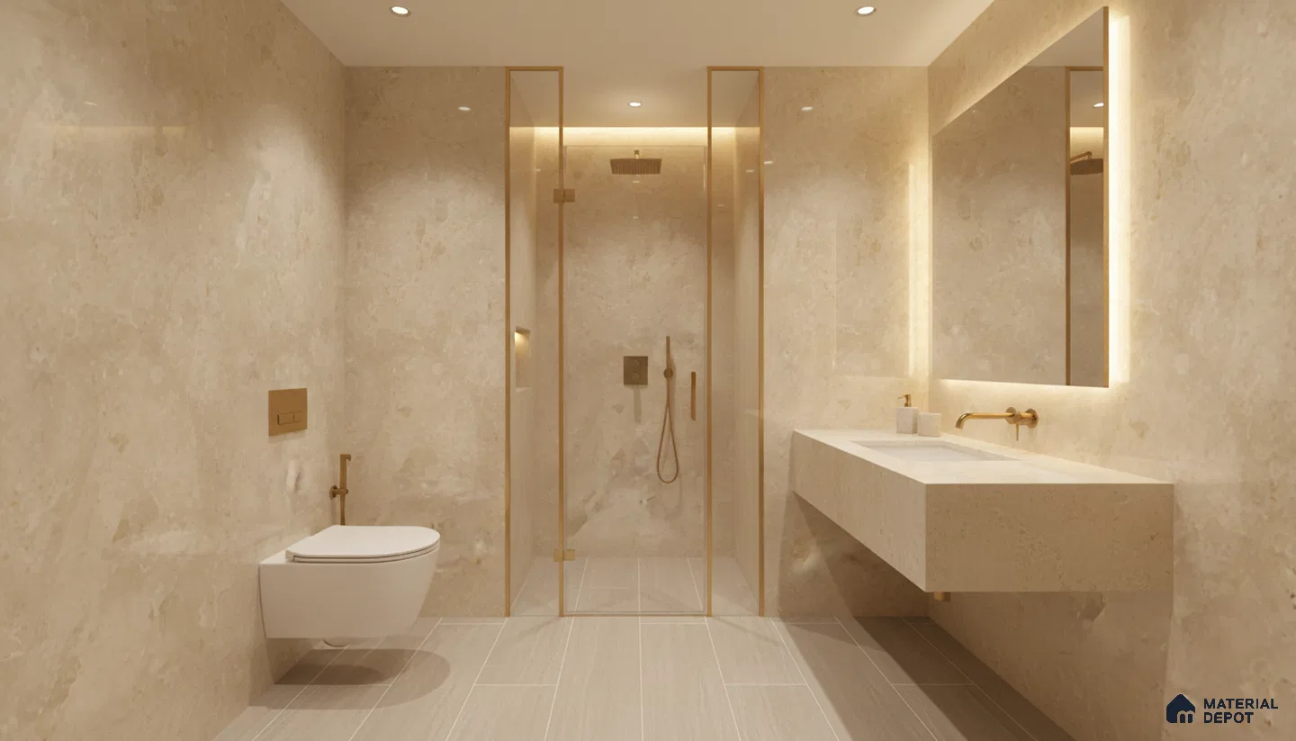 Modern bathroom with beige marble-look wall tiles, beige marble countertop, and light grey floor tiles | Material Depot