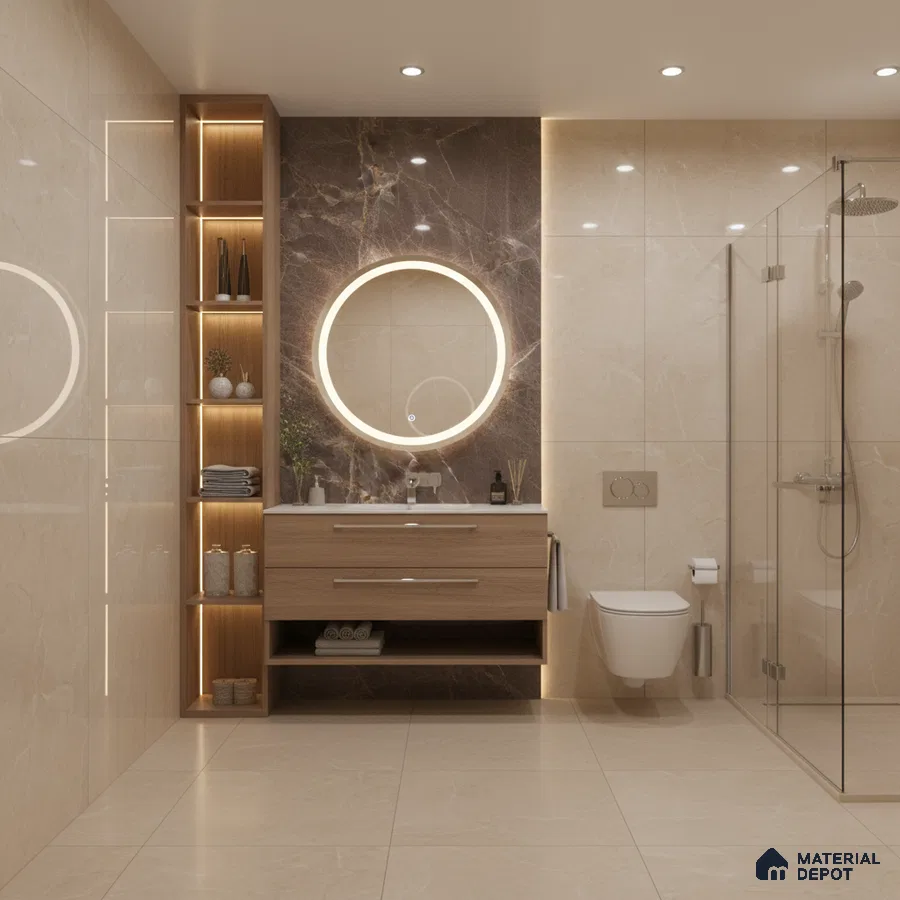 Modern bathroom with beige marble-look wall tiles, brown marble highlighter, and light oak vanity | Material Depot