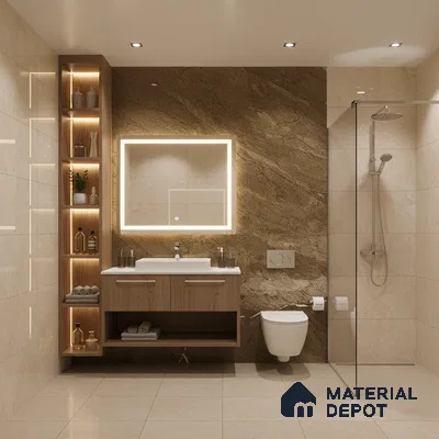 Modern bathroom with beige marble-look wall tiles, brown stone accent wall, and wood laminate floating vanity | Material Depot