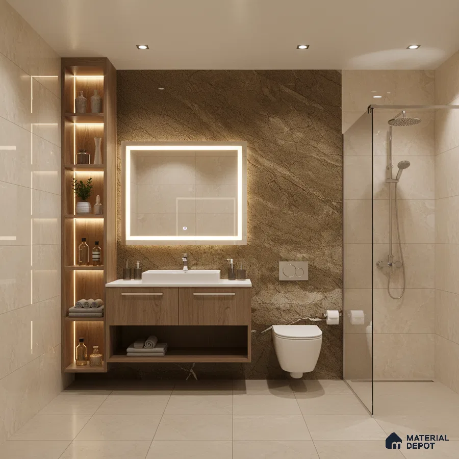 Modern bathroom with beige marble-look wall tiles, brown stone accent wall, and wood laminate floating vanity | Material Depot