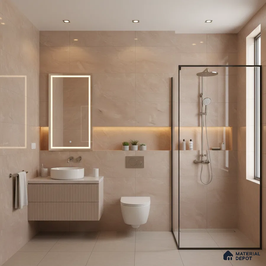 Modern bathroom with beige marble-look wall tiles, floating fluted vanity, and glass shower partition | Material Depot