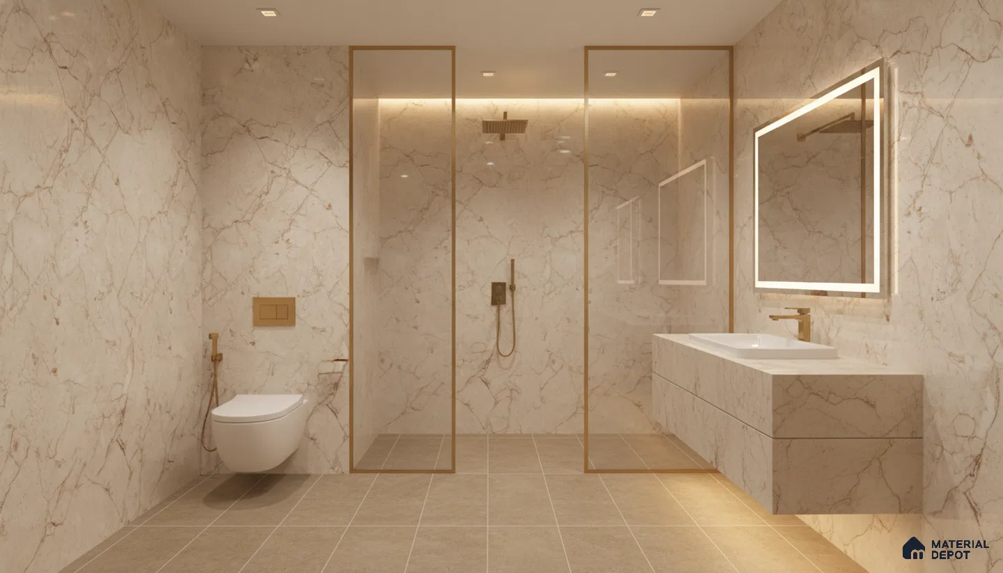 Modern bathroom with beige marble-look wall tiles, floating marble vanity, and taupe floor tiles | Material Depot