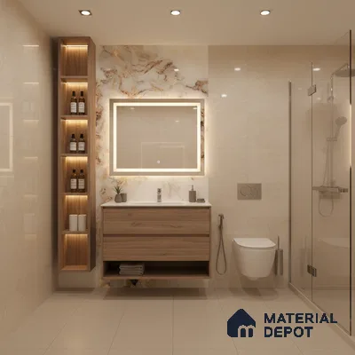 Modern bathroom with beige marble-look wall tiles, floating oak wood vanity, and backlit marble accent wall | Material Depot