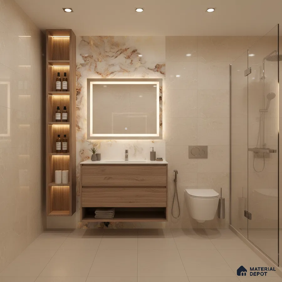 Modern bathroom with beige marble-look wall tiles, floating oak wood vanity, and backlit marble accent wall | Material Depot