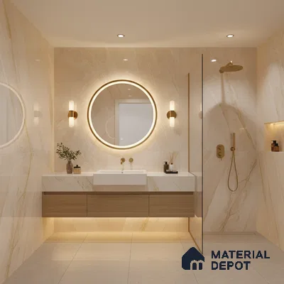 Modern bathroom with beige marble-look wall tiles, floating wood vanity, and gold fixtures | Material Depot