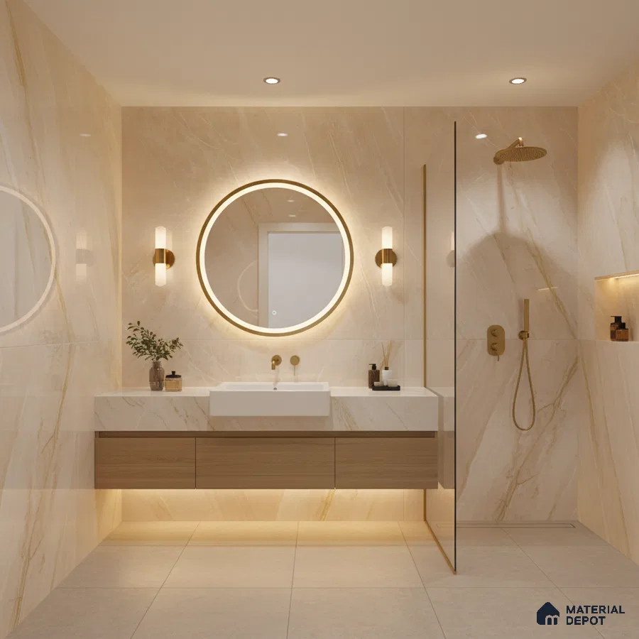 Modern bathroom with beige marble-look wall tiles, floating wood vanity, and gold fixtures | Material Depot