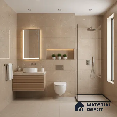 Modern bathroom with beige marble-look wall tiles, floating wood vanity, and matte beige floor tiles | Material Depot
