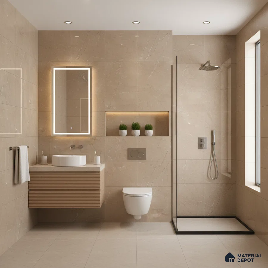 Modern bathroom with beige marble-look wall tiles, floating wood vanity, and matte beige floor tiles | Material Depot