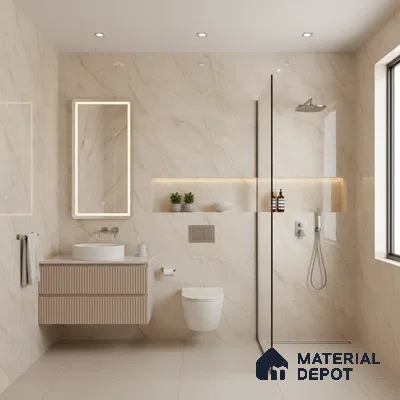 Modern bathroom with beige marble-look wall tiles, fluted vanity, and glass shower partition | Material Depot