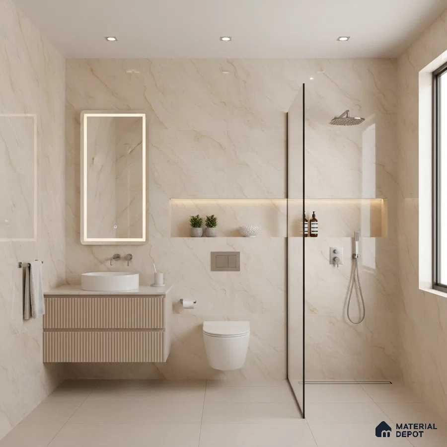 Modern bathroom with beige marble-look wall tiles, fluted vanity, and glass shower partition | Material Depot