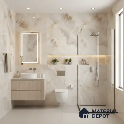 Modern bathroom with beige marble-look wall tiles, fluted vanity, and glass shower partition | Material Depot