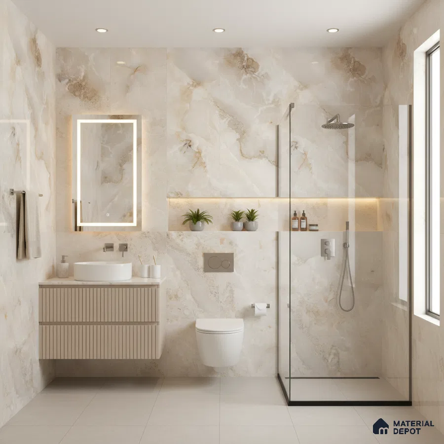 Modern bathroom with beige marble-look wall tiles, fluted vanity, and glass shower partition | Material Depot