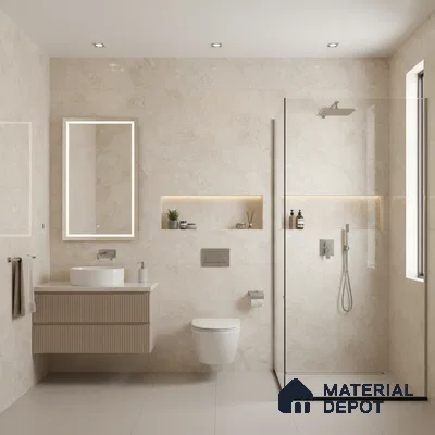 Modern bathroom with beige marble-look wall tiles, fluted vanity, and glass shower partition | Material Depot
