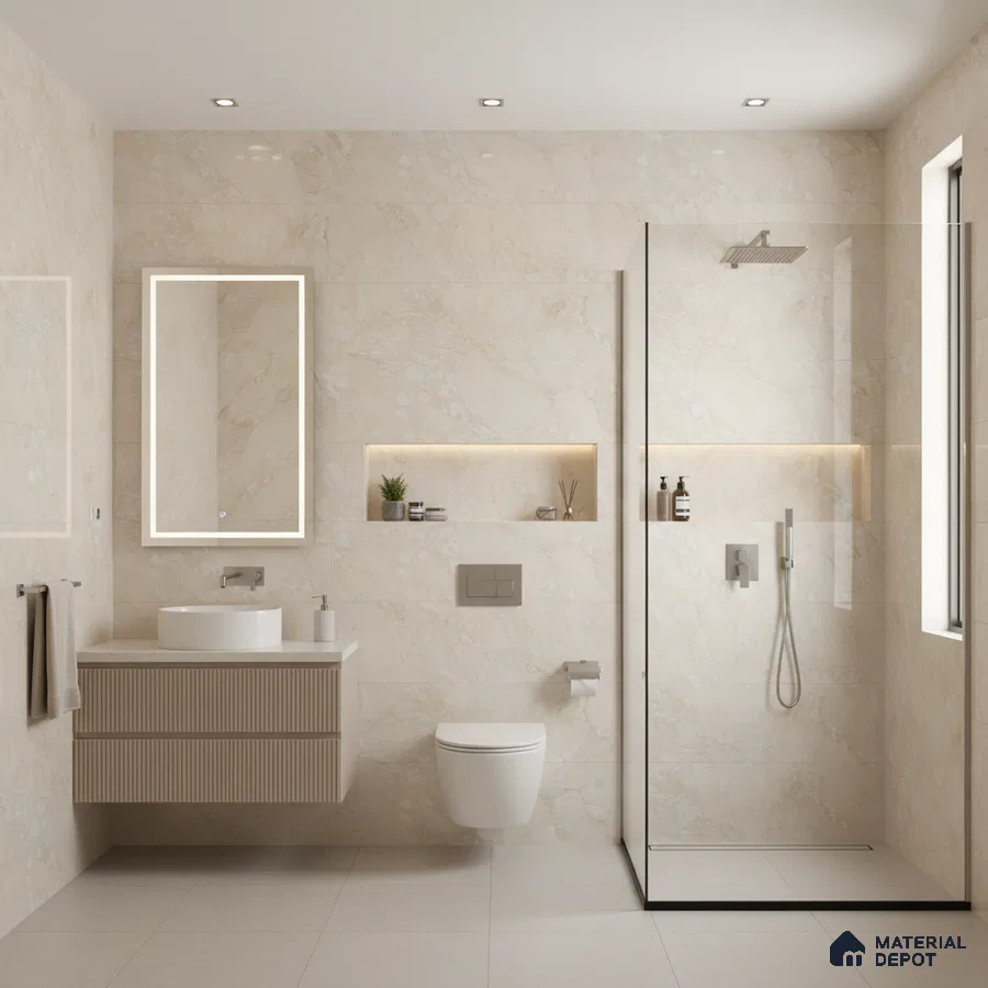 Modern bathroom with beige marble-look wall tiles, fluted vanity, and glass shower partition | Material Depot