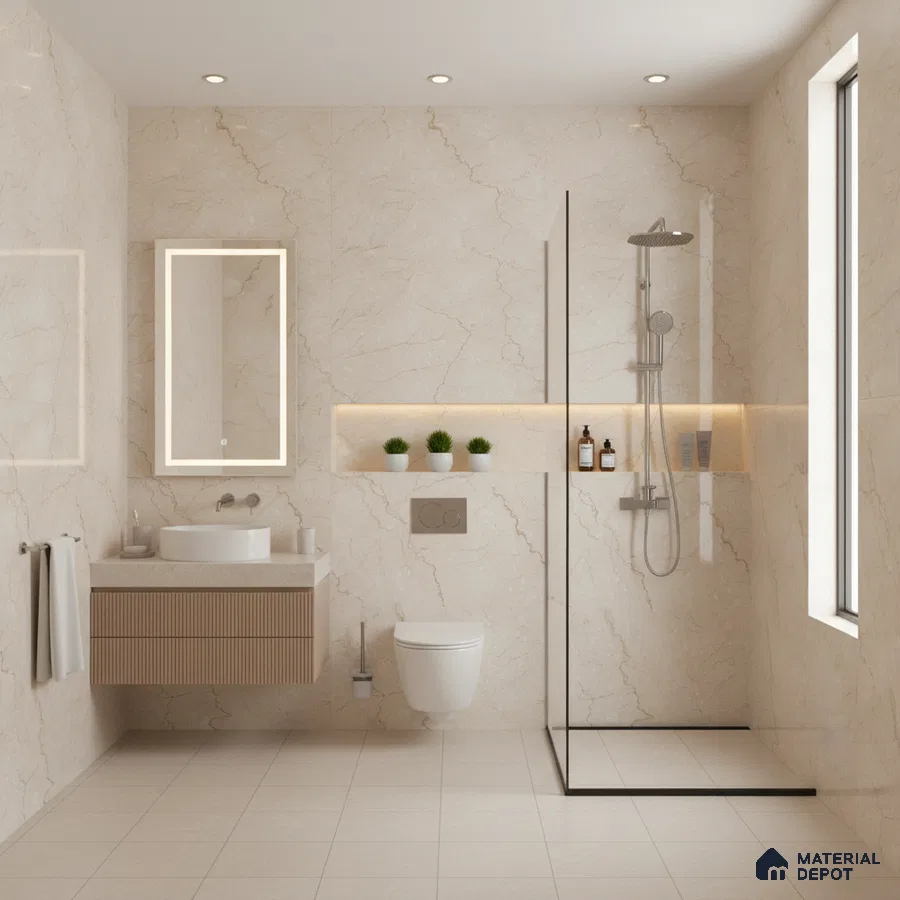 Modern bathroom with beige marble-look wall tiles, fluted vanity, and minimalist fixtures | Material Depot