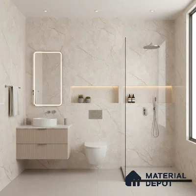 Modern bathroom with beige marble-look wall tiles, fluted vanity, and minimalist shower partition | Material Depot