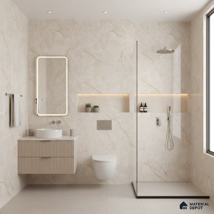 Modern bathroom with beige marble-look wall tiles, fluted vanity, and minimalist shower partition | Material Depot