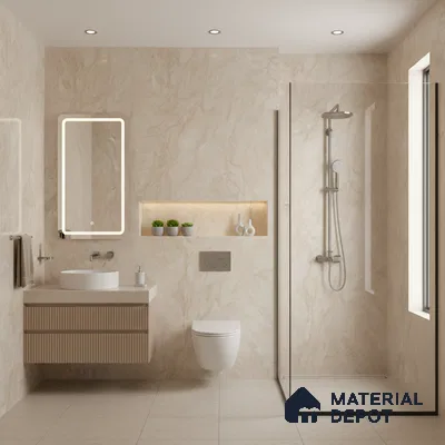 Modern bathroom with beige marble-look wall tiles, fluted wood vanity, and glass shower partition | Material Depot