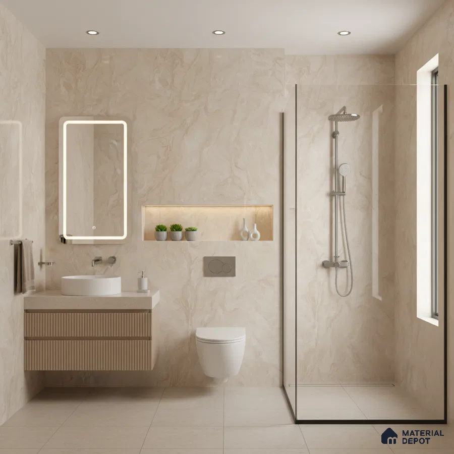 Modern bathroom with beige marble-look wall tiles, fluted wood vanity, and glass shower partition | Material Depot