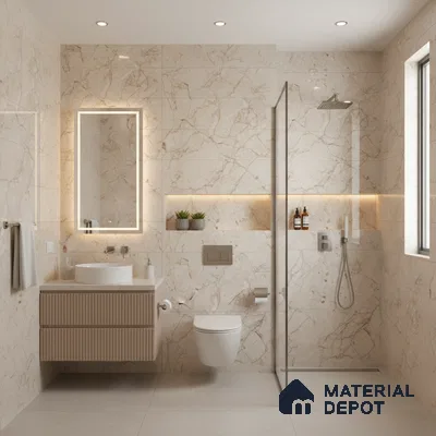 Modern bathroom with beige marble-look wall tiles, fluted wood vanity, and large format beige floor tiles | Material Depot