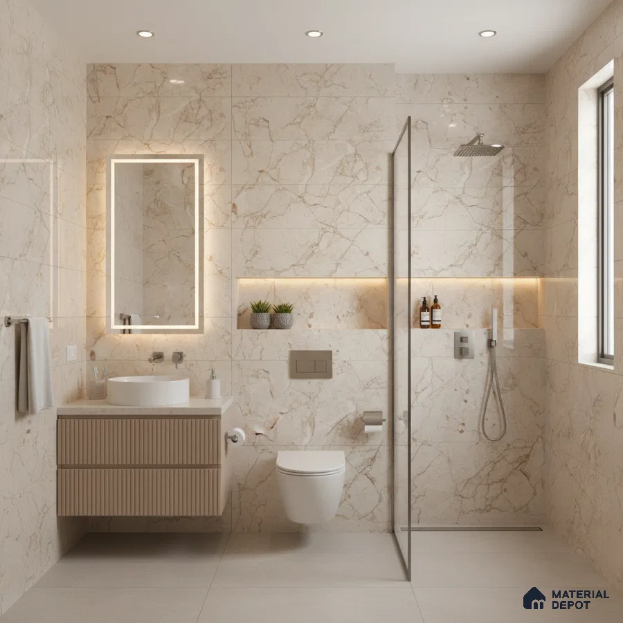 Modern bathroom with beige marble-look wall tiles, fluted wood vanity, and large format beige floor tiles | Material Depot