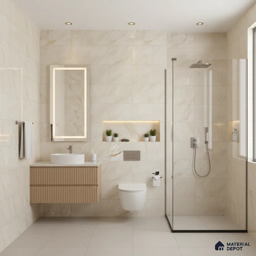 Modern bathroom with beige marble-look wall tiles, fluted wood vanity, and matte beige floor tiles | Material Depot