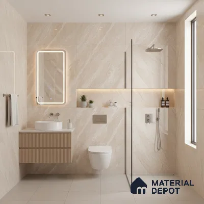 Modern bathroom with beige marble-look wall tiles, fluted wood vanity, and matte beige floor tiles | Material Depot