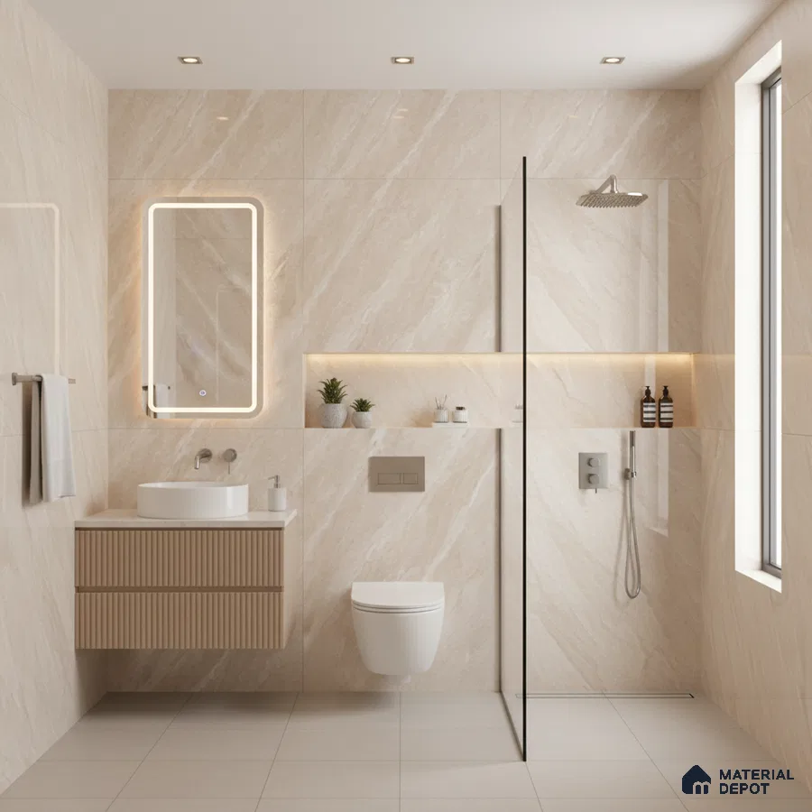Modern bathroom with beige marble-look wall tiles, fluted wood vanity, and matte beige floor tiles | Material Depot