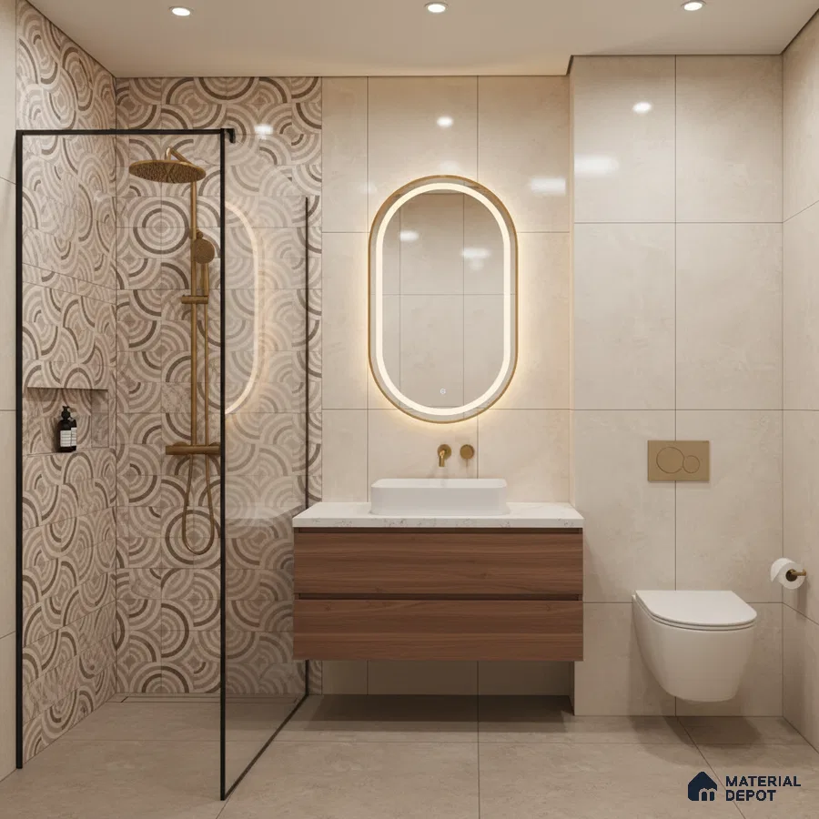 Modern bathroom with beige marble-look wall tiles, geometric patterned highlighter shower tiles, and wood vanity | Material Depot
