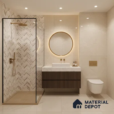Modern bathroom with beige marble-look wall tiles, herringbone patterned shower tiles, and walnut wood vanity | Material Depot