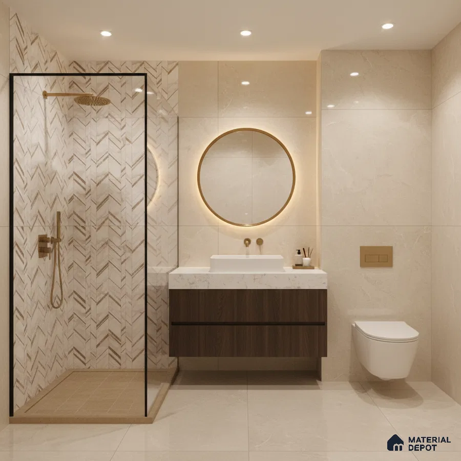 Modern bathroom with beige marble-look wall tiles, herringbone patterned shower tiles, and walnut wood vanity | Material Depot