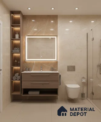 Modern bathroom with beige marble-look wall tiles, light wood floating vanity, and matte beige floor tiles | Material Depot
