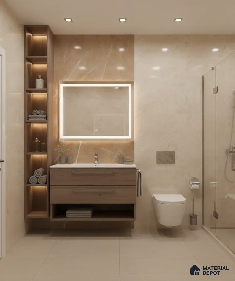 Modern bathroom with beige marble-look wall tiles, light wood floating vanity, and matte beige floor tiles | Material Depot