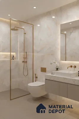 Modern bathroom with beige marble-look wall tiles, matte beige floor tiles, and floating vanity with marble countertop | Material Depot