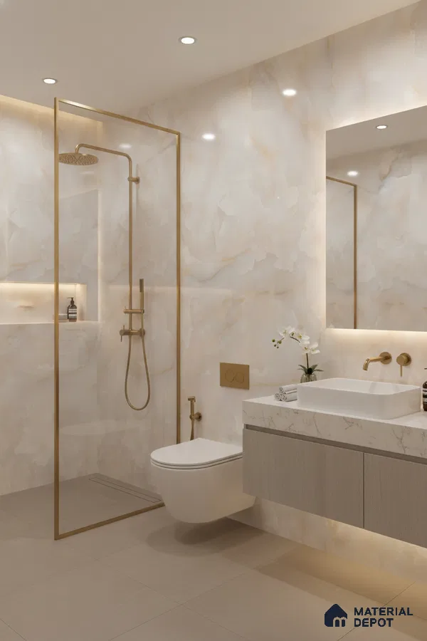 Modern bathroom with beige marble-look wall tiles, matte beige floor tiles, and floating vanity with marble countertop | Material Depot