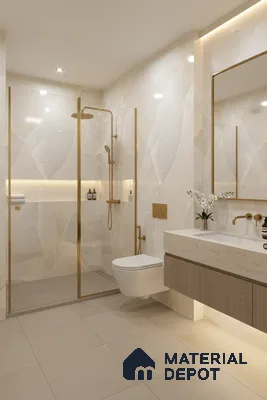 Modern bathroom with beige marble-look wall tiles, matte beige floor tiles, and floating wood vanity | Material Depot