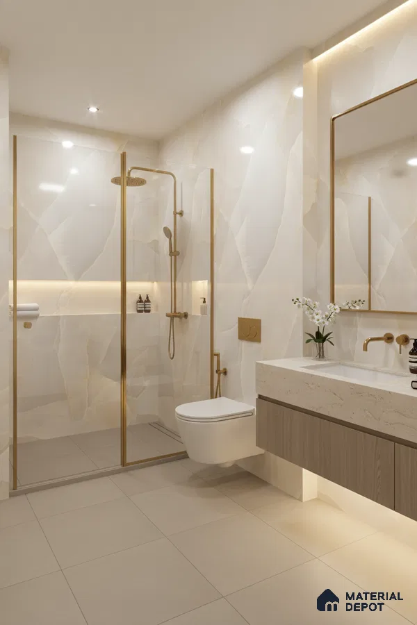 Modern bathroom with beige marble-look wall tiles, matte beige floor tiles, and floating wood vanity | Material Depot